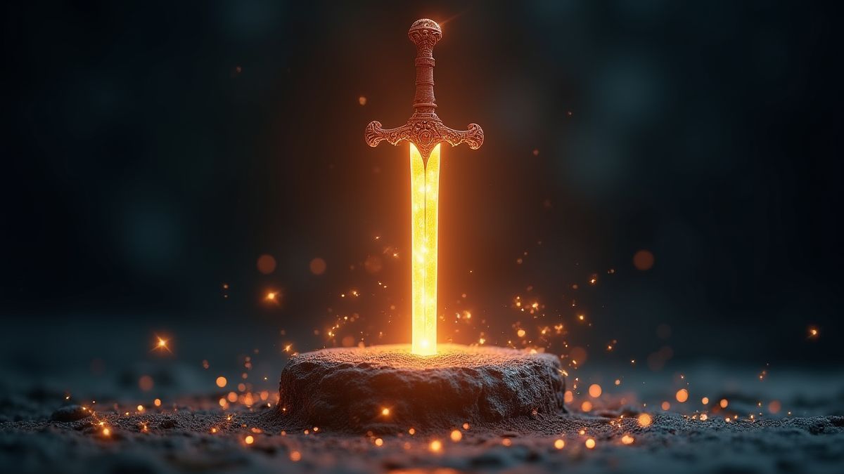 Une espada brillante incrustada en una piedra rodeada de destellos mágicos.
