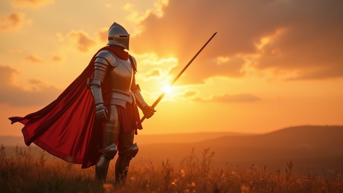 Un caballero medieval en armadura brillante bajo el atardecer.