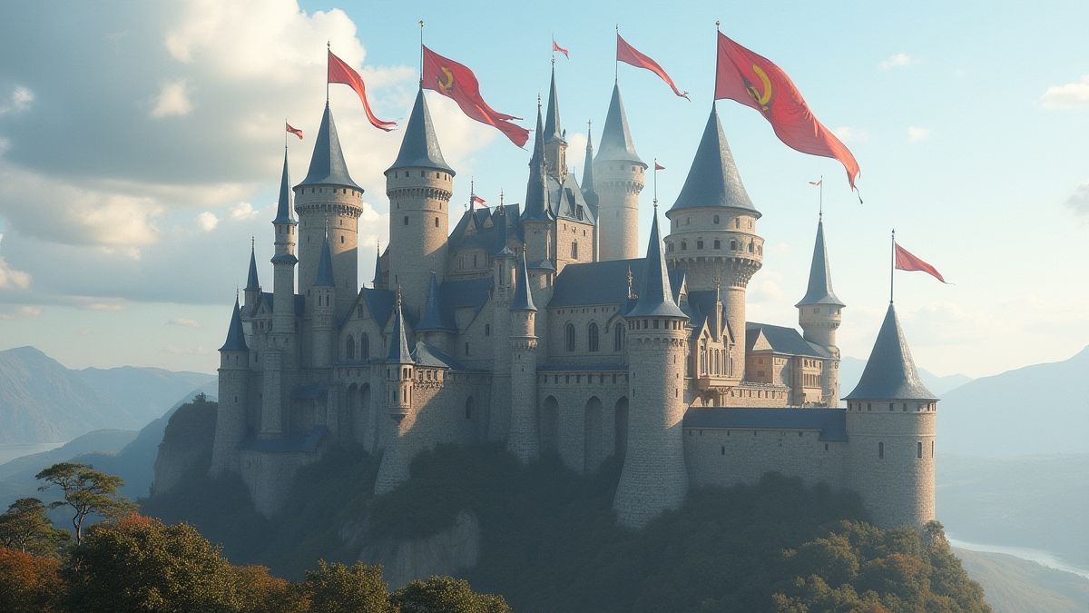 Mittelalterliches Schloss mit wehendem Fahnen.