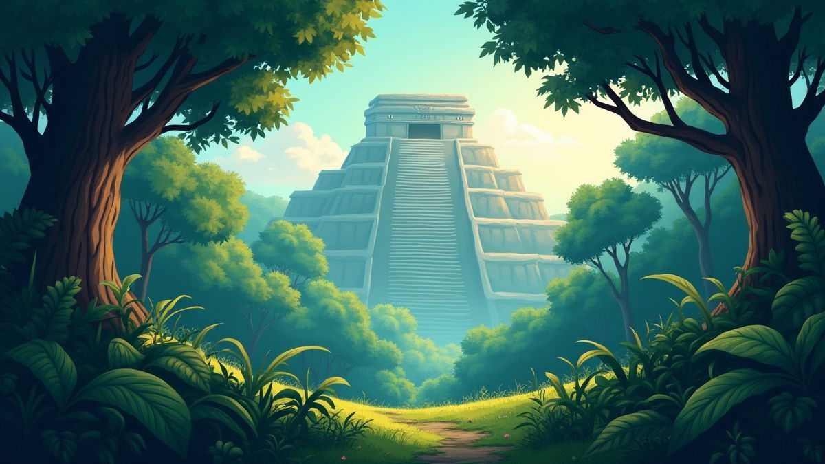 Eine animierte Dschungel mit einer alten Pyramide.