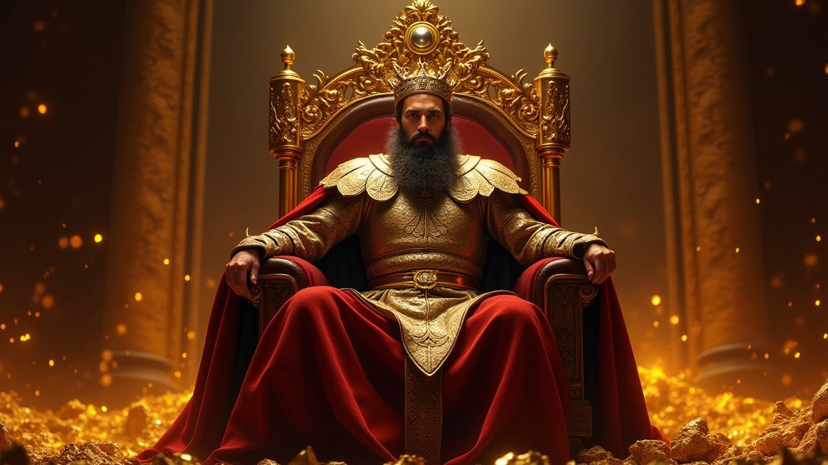 Un rey medieval rodeado de oro y tesoros.