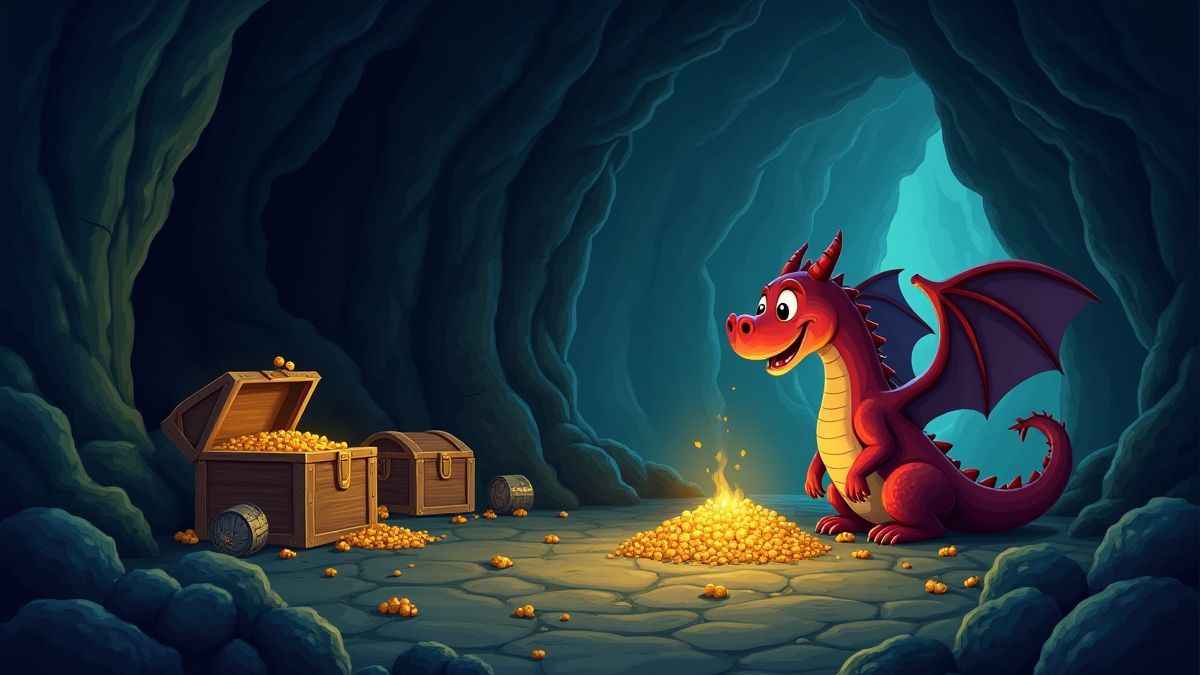 Una cueva oscura llena de cofres del tesoro y un dragón amistoso.