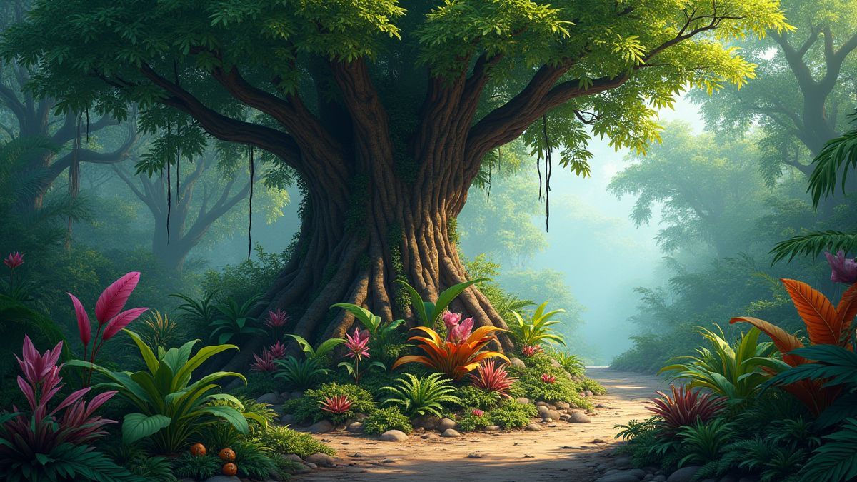 Un arbre géant entouré de plantes vibrantes et d'animaux exotiques dans la jungle.