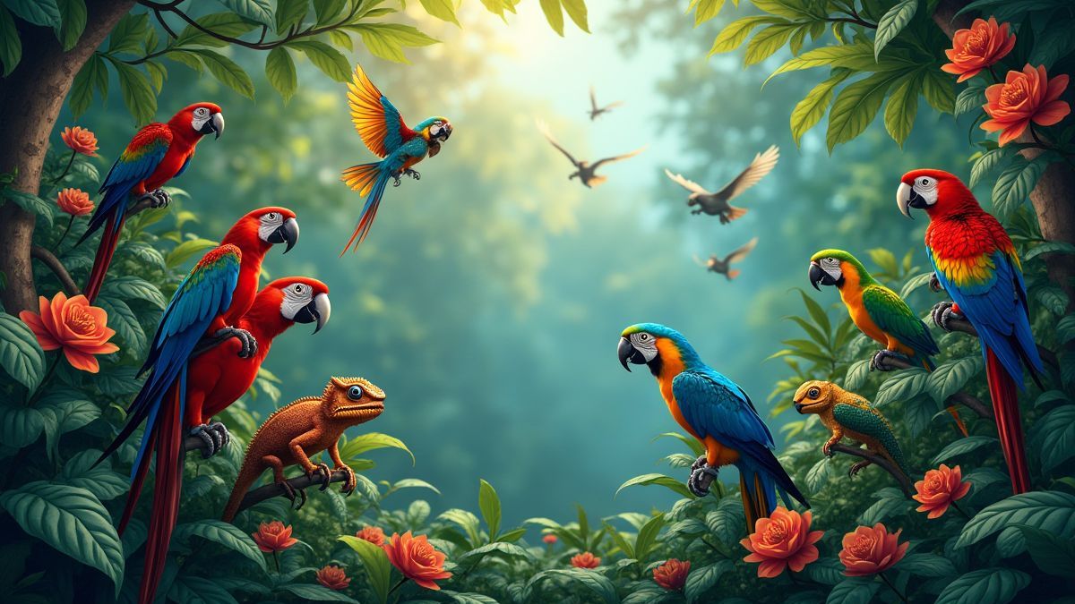 Une jungle colorée avec des perroquets volant et des caméléons cachés dans le feuillage vibrant.