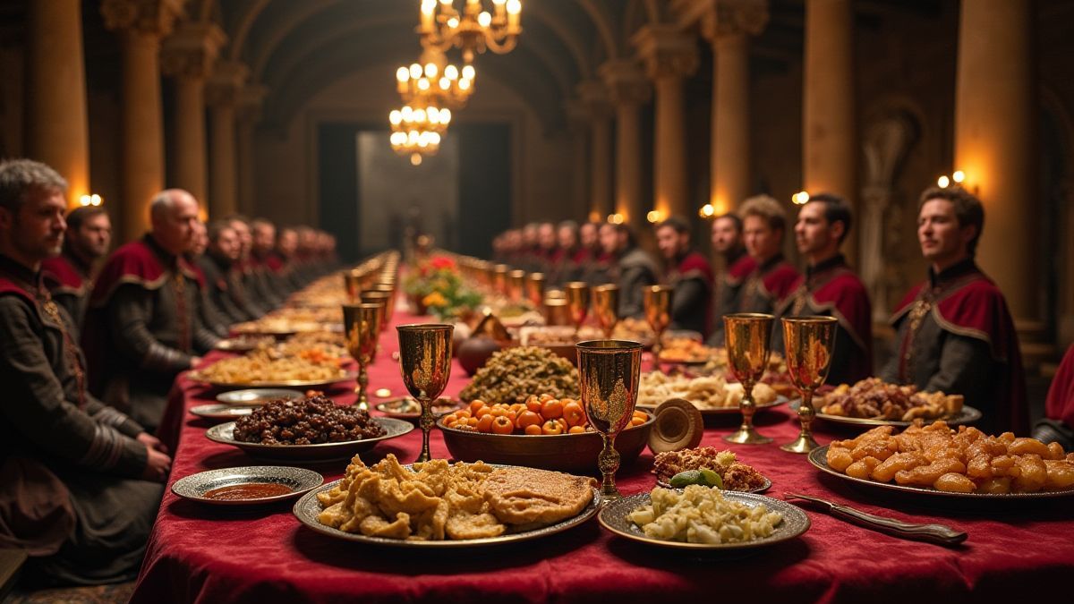 Mesa medieval llena de comida y copas en un salón real.