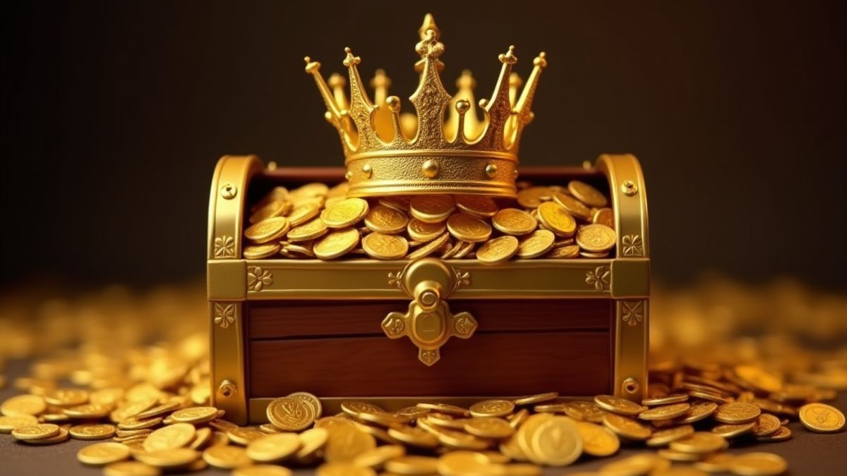 Corona dorada sobre un cofre lleno de monedas de oro.