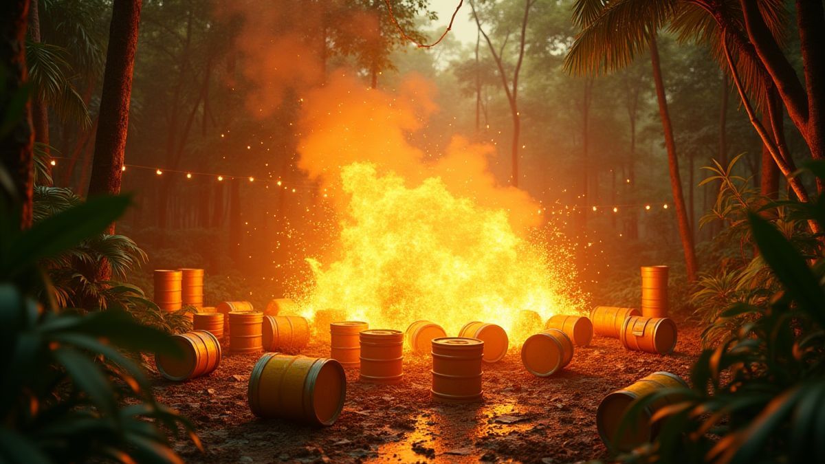 Goldene Fässer, die im Dschungel explodieren.