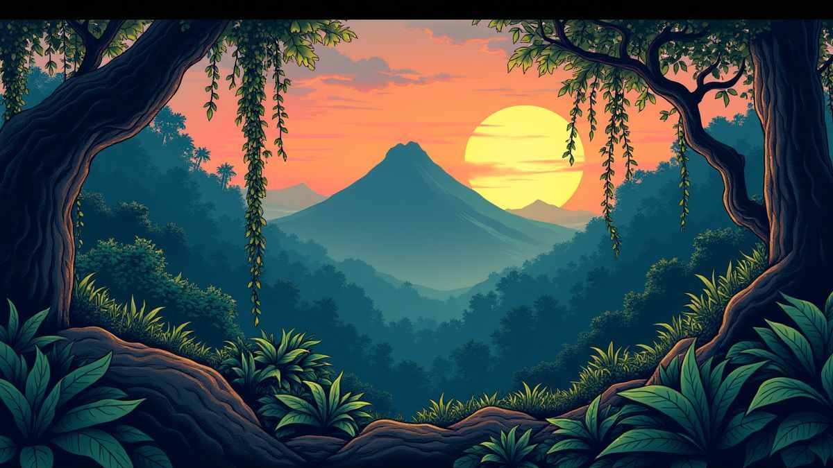 A retro jungle scene with dark mountains in the background.