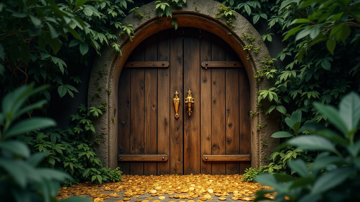 An ancient wooden door in the jungle that opens to show gold coins.