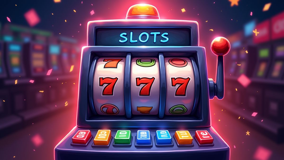 Interface de uma máquina de slot com botões coloridos e um fundo cinematográfico.