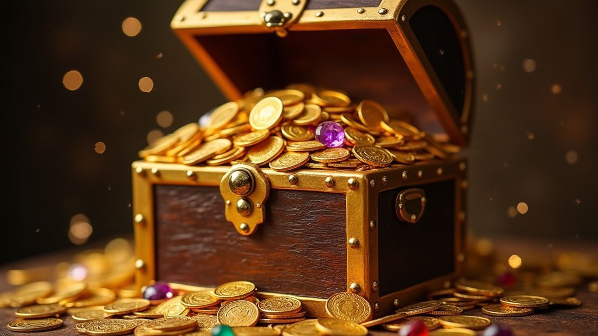 Um cofre do tesouro cheio de moedas de ouro e joias.