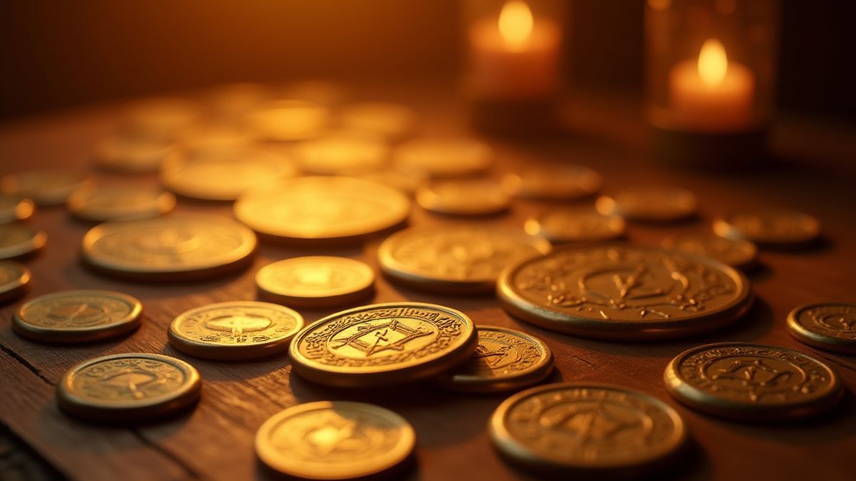 Monedas antiguas chinas brillando sobre una mesa.