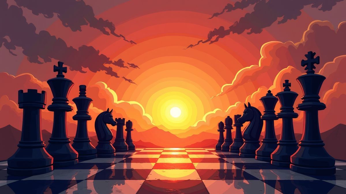 Tablero de ajedrez con tres ejércitos enfrentados al atardecer.