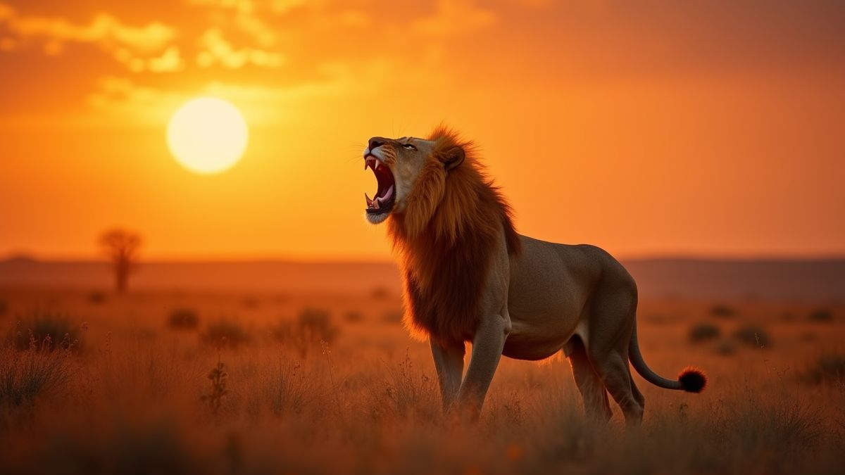A lion roaring in the African savanna at sunset.