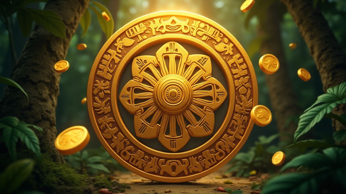Monedas de oro flotando entre símbolos místicos aztecas en la selva.