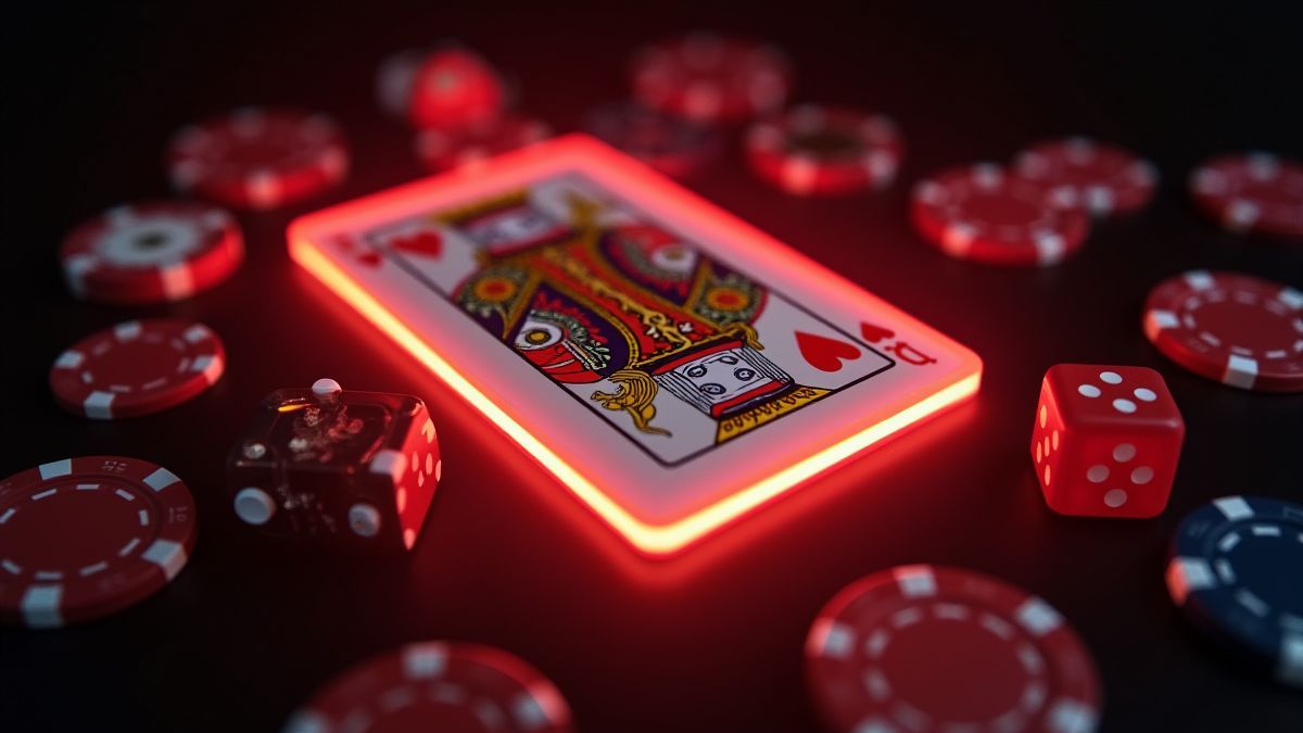 Carte de roi de cœurs entourée de jetons de poker et de dés.