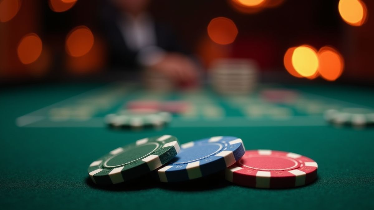 Scène de casino avec table de poker et jetons vibrants.