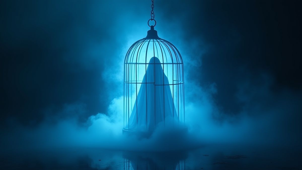 Fantasma atrapado dentro de una jaula mística que brilla en azul.
