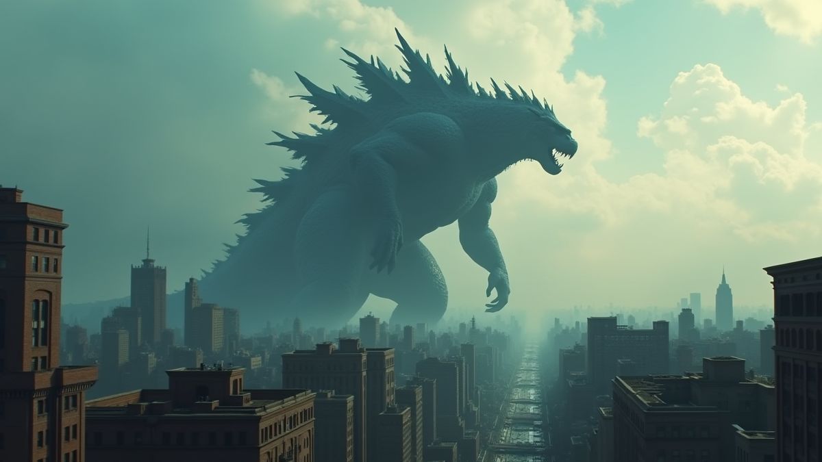 Monstro gigante junto a edifícios em uma cidade.