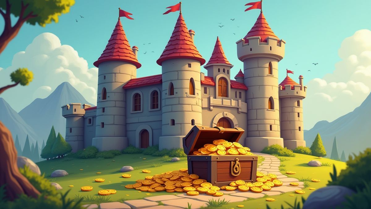 Château médiéval avec des pièces d'or et un coffre au trésor.