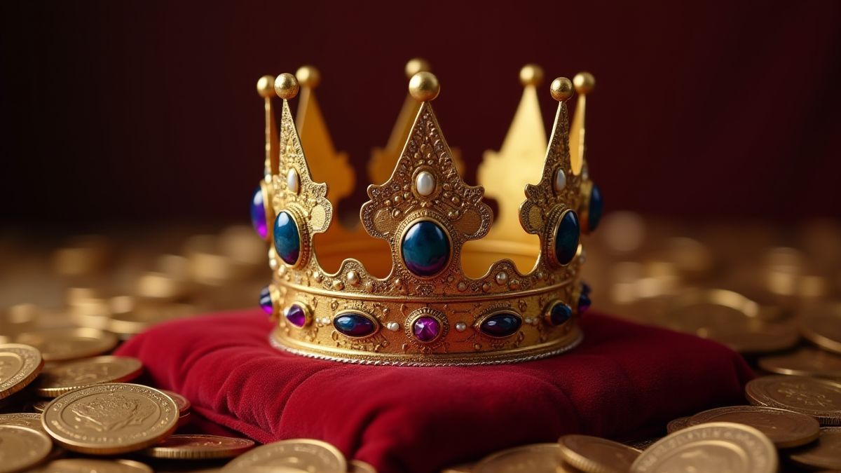Couronne royale sur un coussin en velours entourée de pièces et de bijoux.
