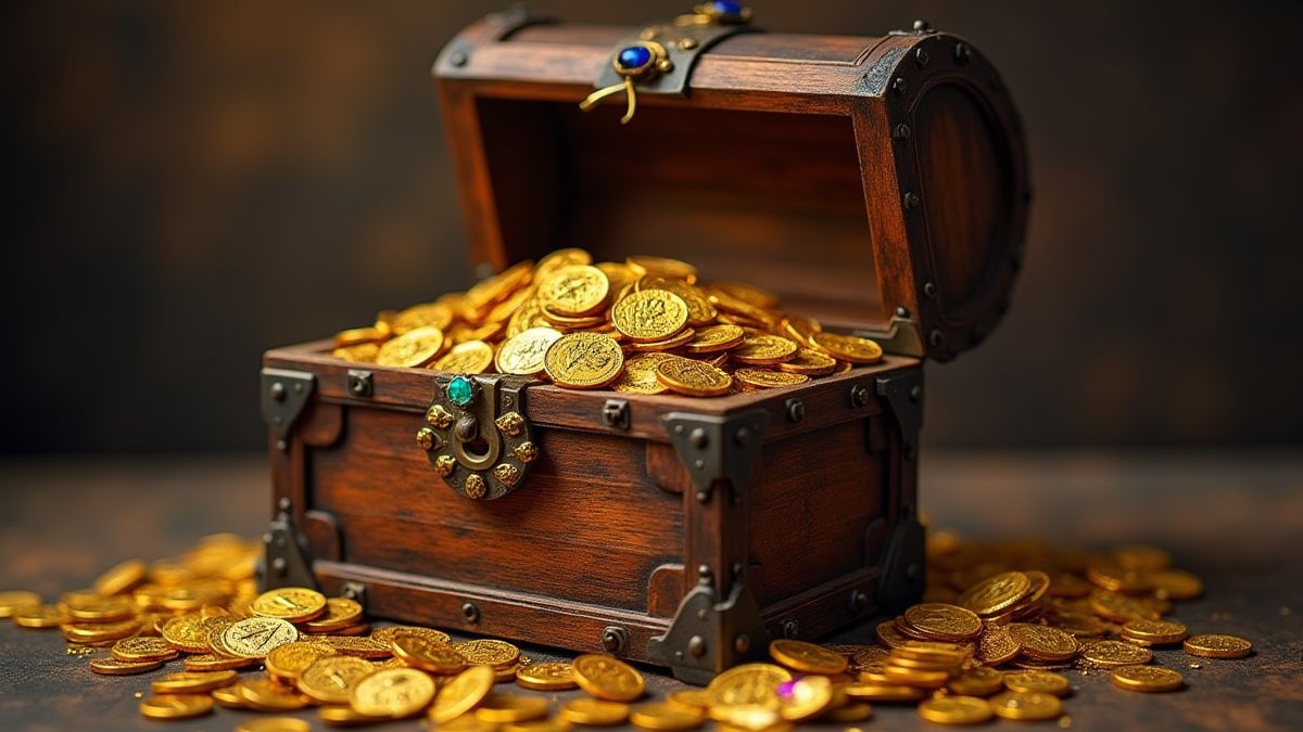 Coffre au trésor débordant de pièces d'or et de gemmes dans un cadre médiéval.