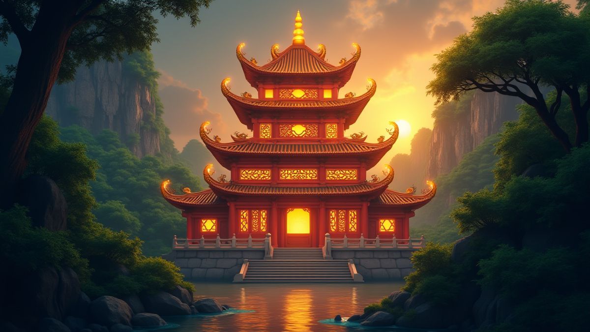 Un templo chino animado rodeado de una jungla.