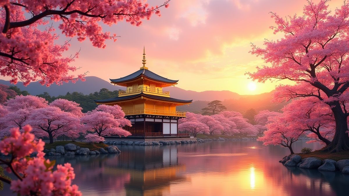 Goldener Tempel umgeben von Kirschblüten bei Sonnenuntergang.