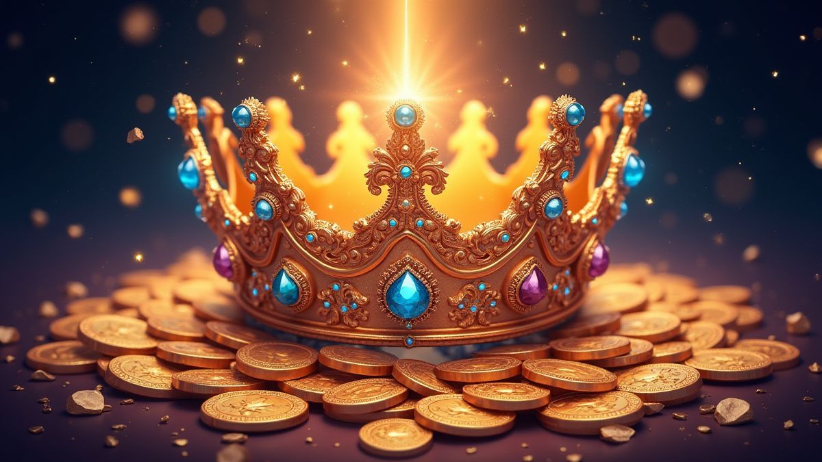 Goldene Krone umgeben von Juwelen und Goldmünzen.