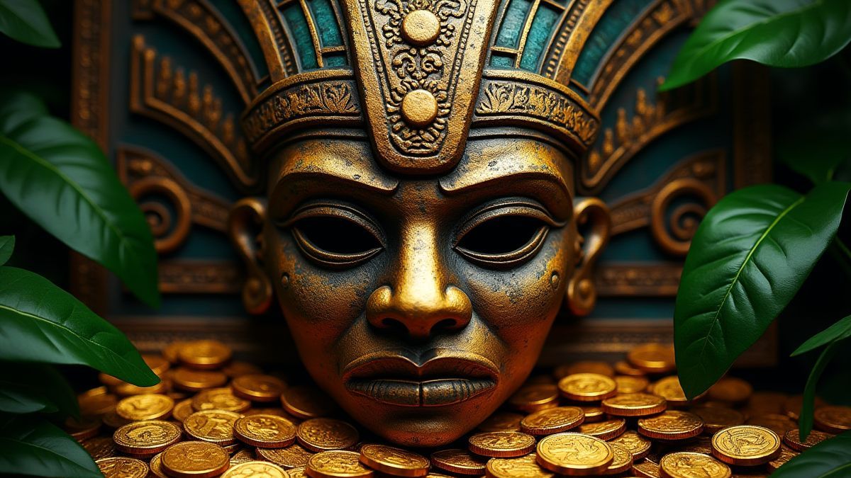 Aztekenmaske umgeben von goldenen Münzen und Dschungelranken.