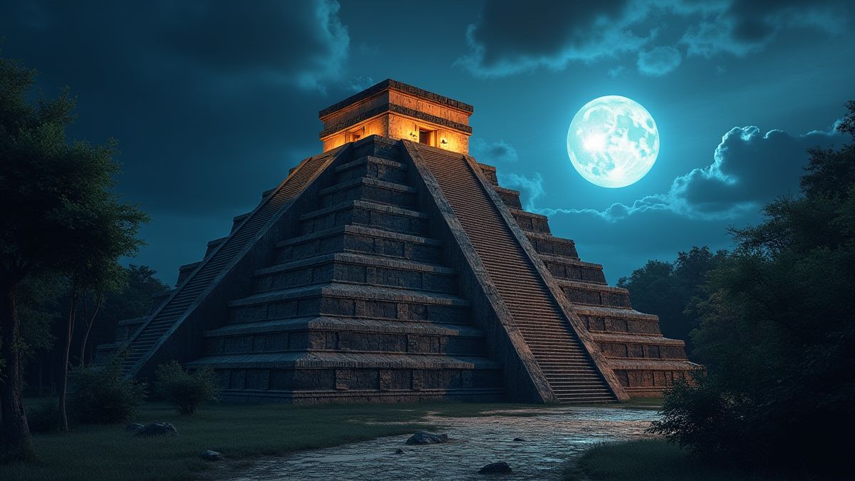 Ein aztekischer Tempel, der im Mondlicht leuchtet, umgeben von mystischen Symbolen.