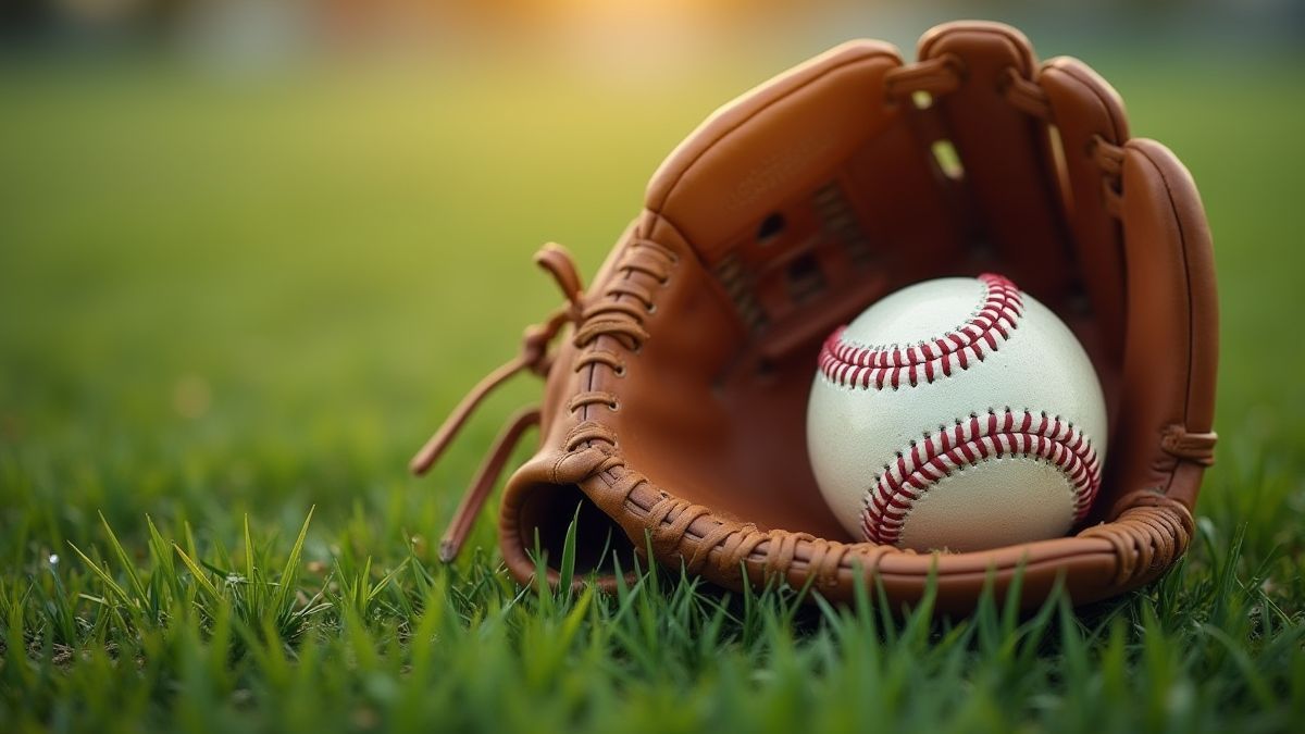 Guante de béisbol sosteniendo una pelota en un campo verde.