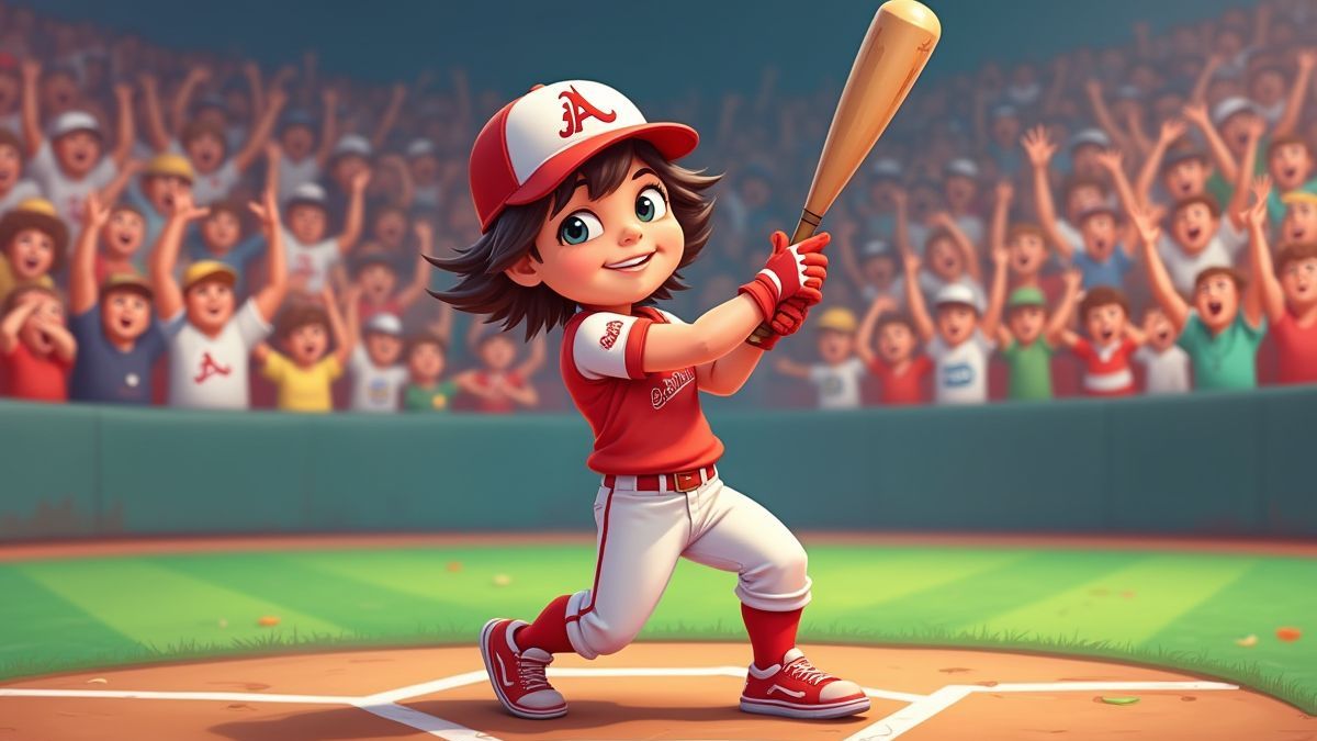 Jugador de béisbol animado frente a una multitud animada.