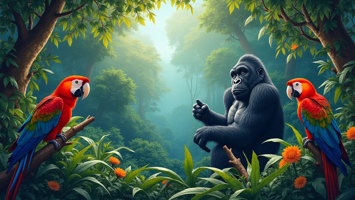 Una jungla vibrante con loros y gorilas rodeados de plantas tropicales.