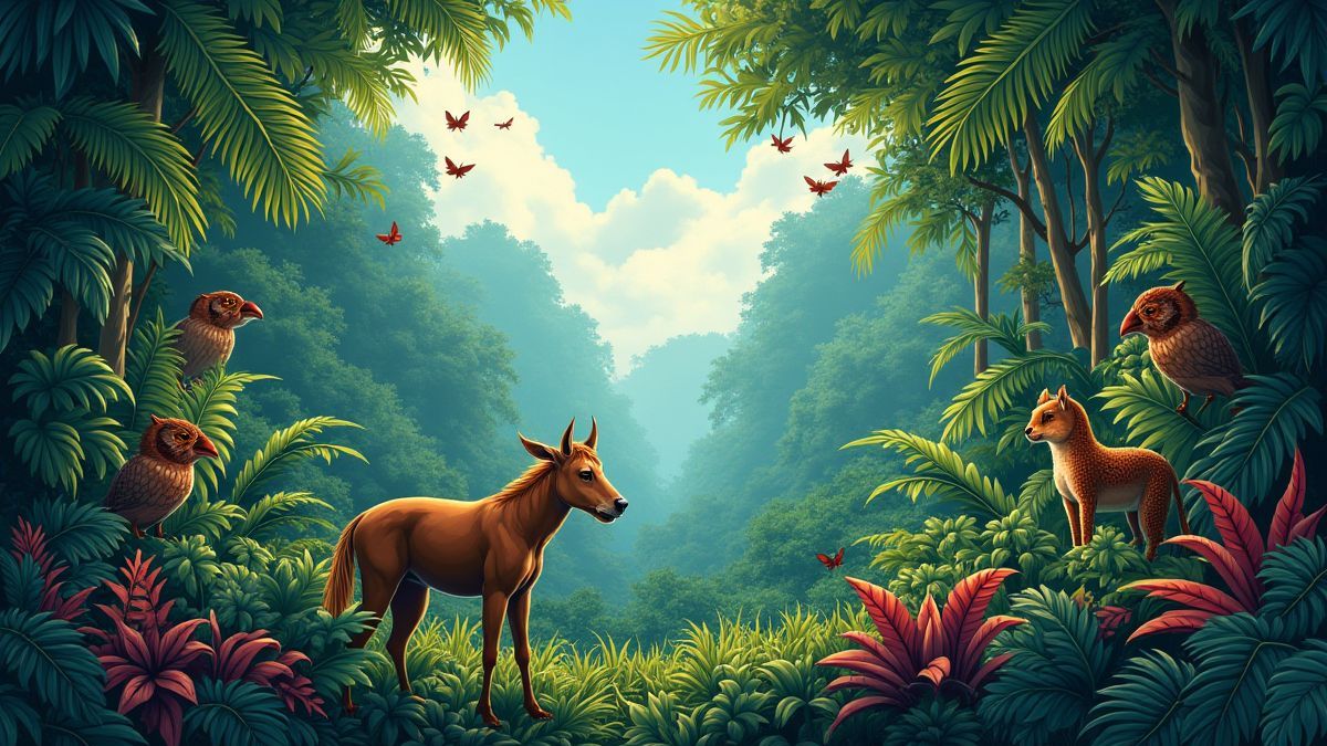 Una escena artística de la jungla con plantas tropicales y vida salvaje vibrante.