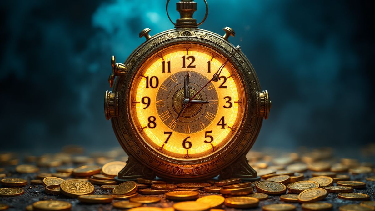 Une machine du temps entourée de pièces d'or et de lumière bleue mystique.