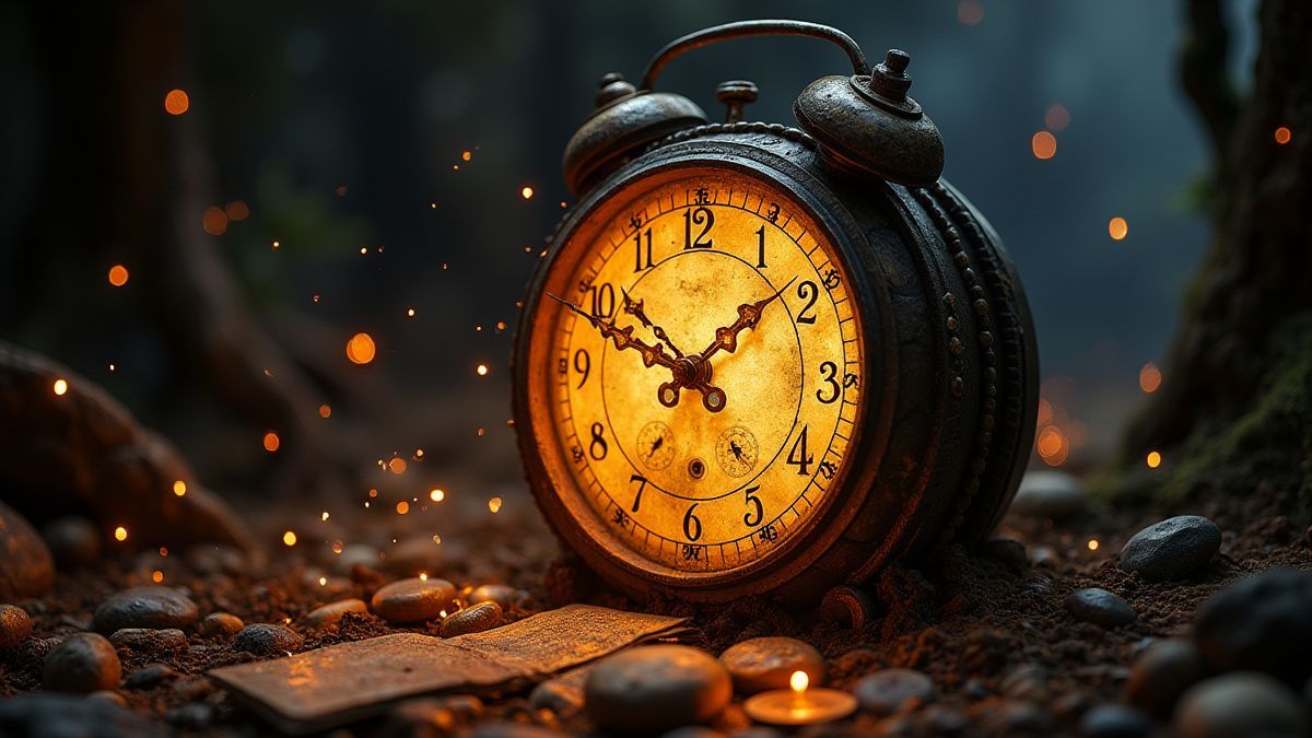 Un horloge ancienne resplendissante entourée d'artefacts magiques et d'étincelles de lumière.