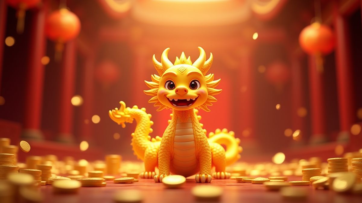 Moedas douradas e um dragão resplandecente em um palácio chinês.