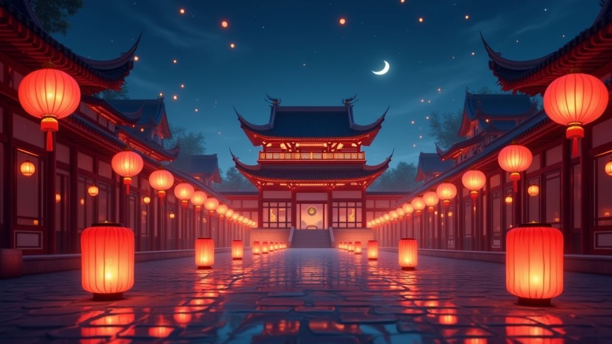 Palácio chinês com farolillos iluminados na noite.