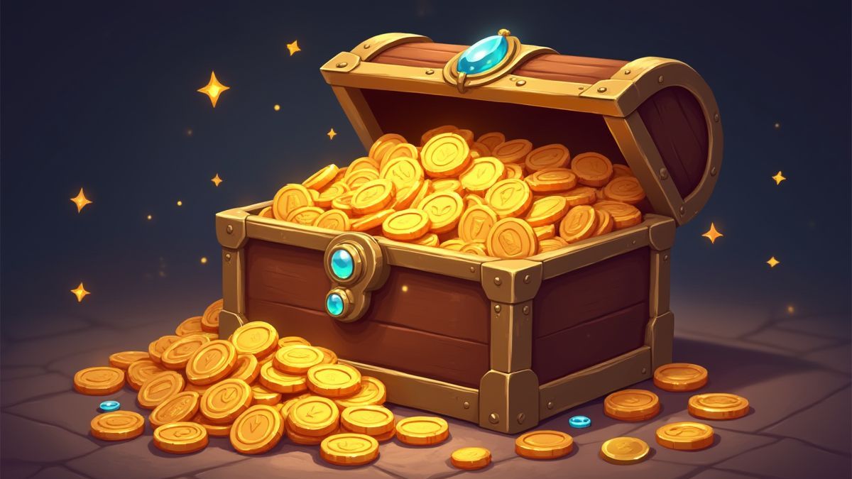 Treasure chest filled with gold coins and jewels.