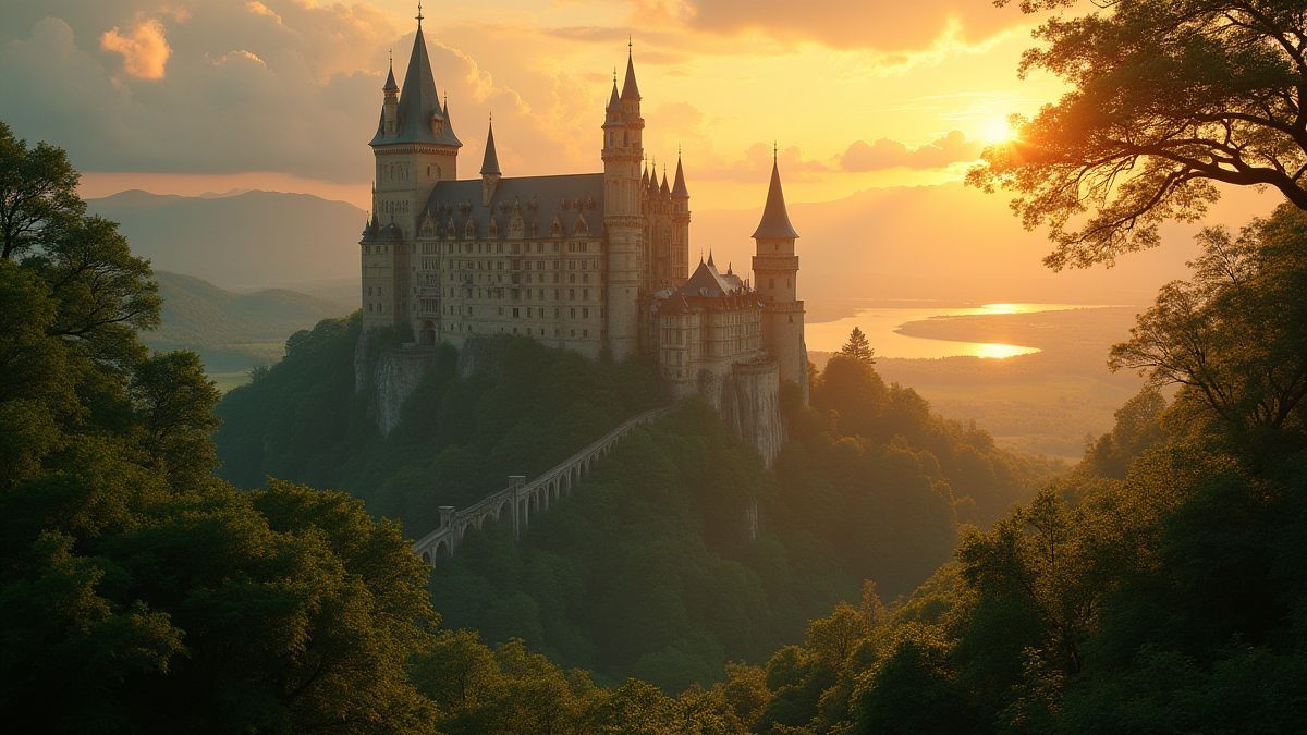 Medieval castle surrounded by nature and golden sunrise.