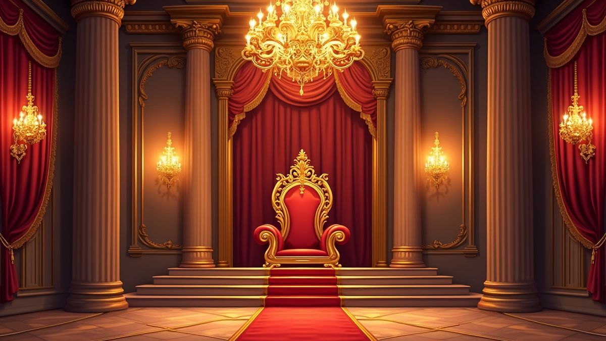 Sala do trono real com candelabros brilhantes e decorações douradas.