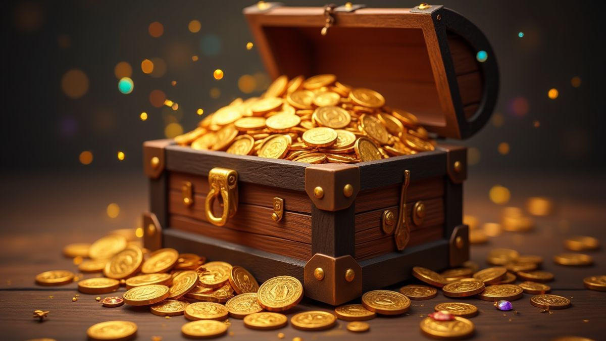 Cofre do tesouro cheio de moedas de ouro e joias.