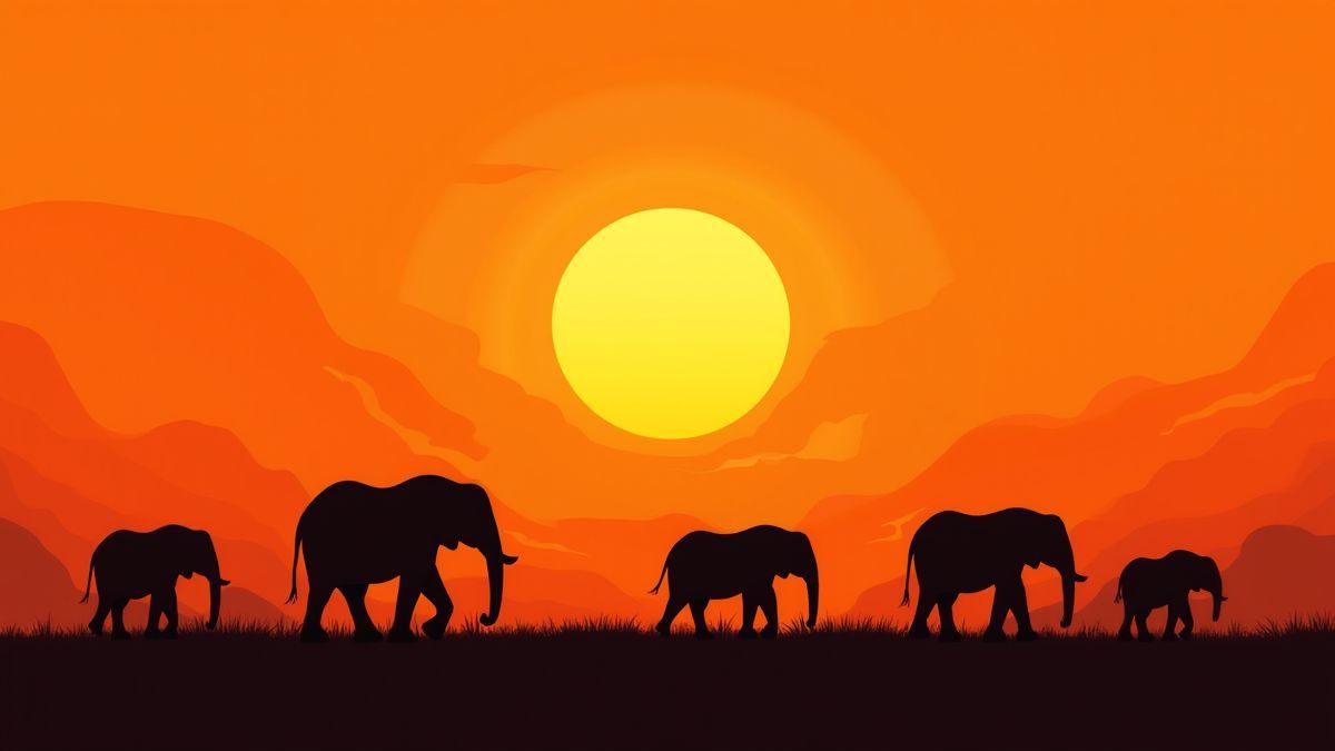 African sunset with elephants in the savanna.