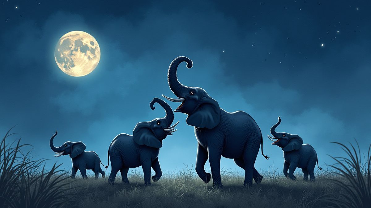 Elephants dancing under the moonlight in the African savanna.