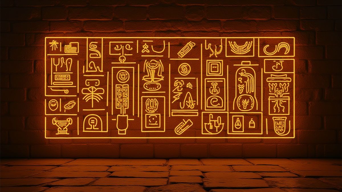 Jeroglíficos egipcios brillando en una pared de piedra