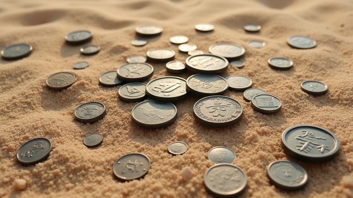 Monedas antiguas sobre una superficie arenosa