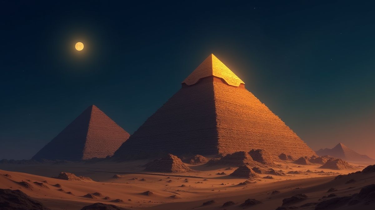 Pirâmide egípcia iluminada sob a luz da lua.