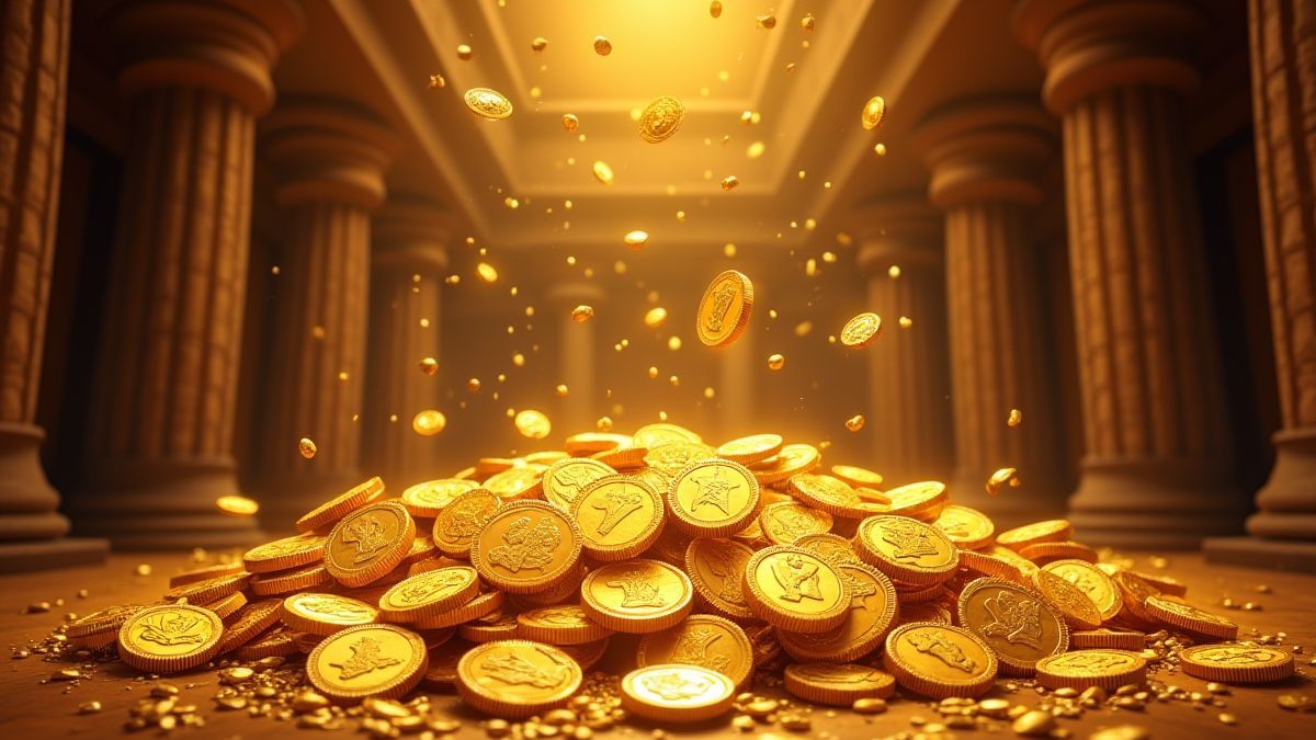 Moedas de ouro e joias caindo em uma sala do tesouro egípcia.