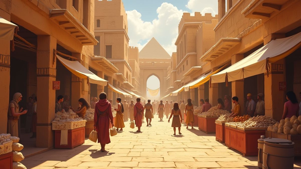 Mercado egípcio cheio de atividade e produtos.